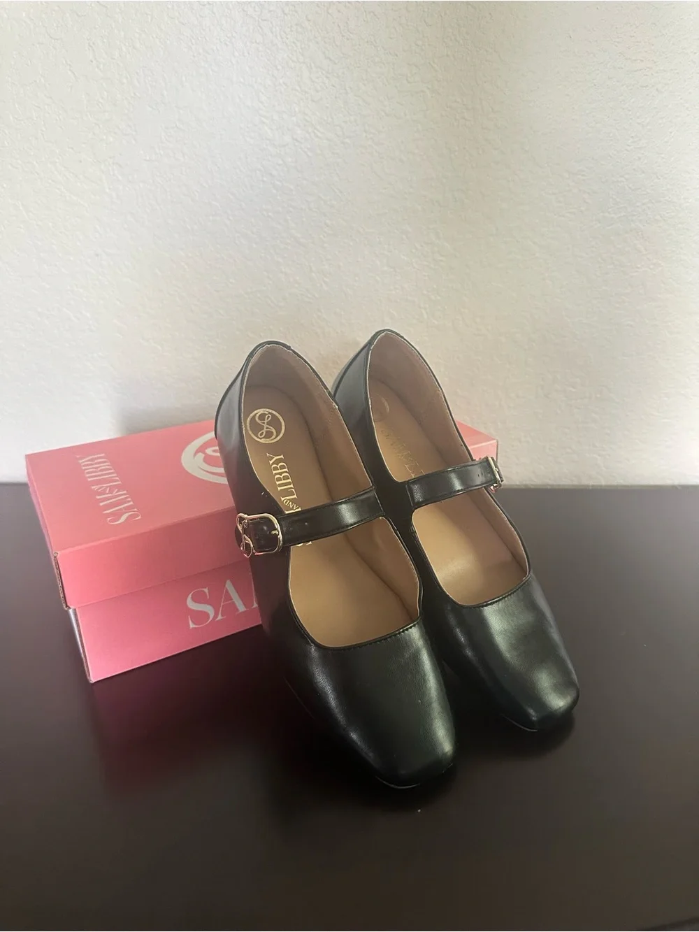 Sam & Libby Black Mary Jane Flats with Gold Buckle